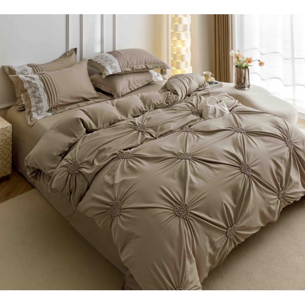 Lenjerie pat dublu finet 6 piese cu pliuri, inimioare și broderie-bej cappuccino, LIB-034