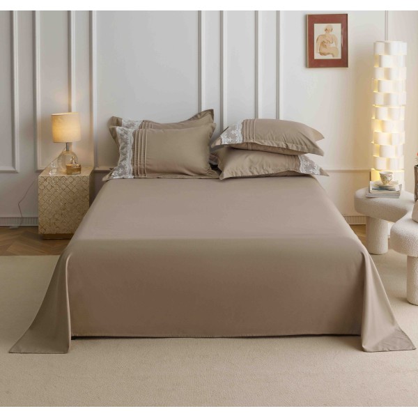 Lenjerie pat dublu finet 6 piese cu pliuri, inimioare și broderie-bej cappuccino, LIB-034