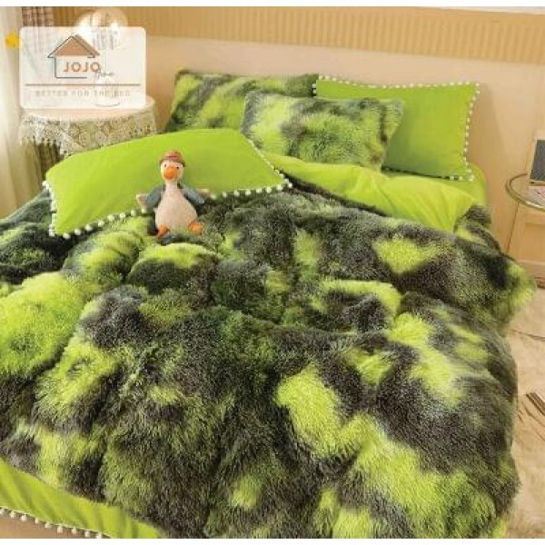 Lenjerie Fluffy Verde-Gri 6 Piese Pat Dublu – Moale, Călduroasă și Elegantă, LCF-031