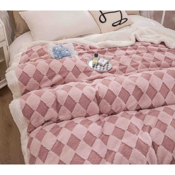 Pătură Cocolino cu blăniță 200x230 cm – moale, călduroasă și premium - Roz, model romburi, PBC-047