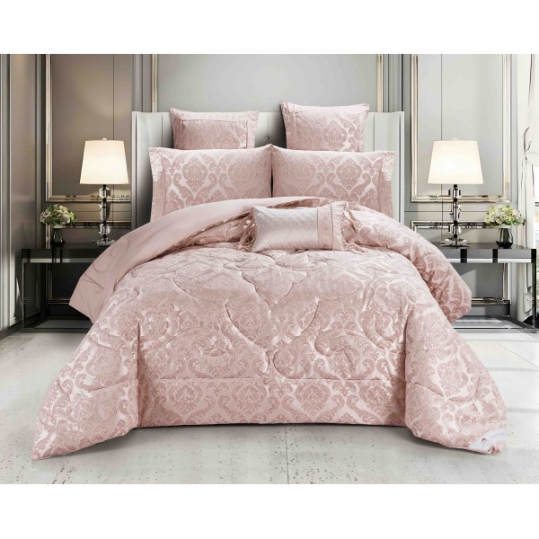 Lenjerie de pat cu elastic si pilota inclusa, bumbac tip jacquard, pat dublu, 7 piese, Roz, PJD-05