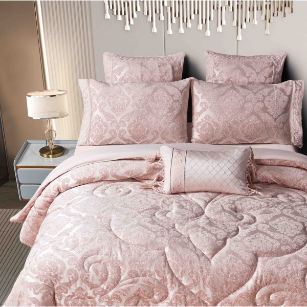 Lenjerie de pat cu elastic si pilota inclusa, bumbac tip jacquard, pat dublu, 7 piese, Roz, PJD-05