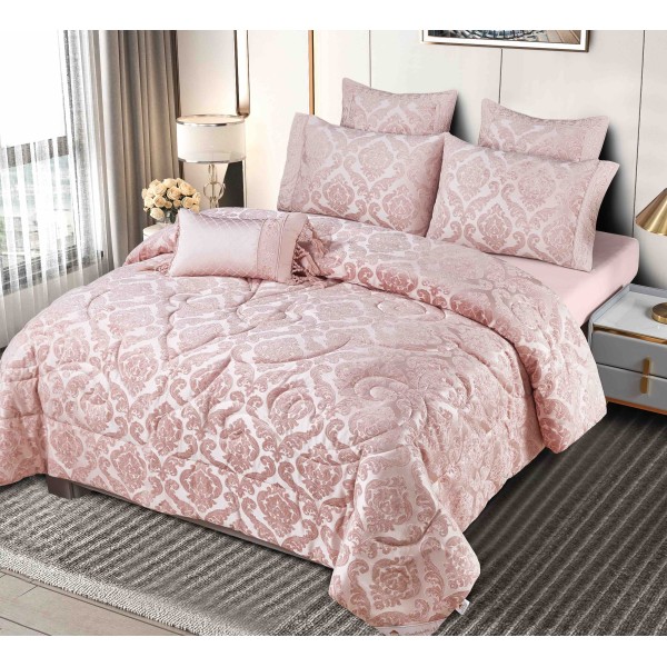 Lenjerie de pat cu elastic si pilota inclusa, bumbac tip jacquard, pat dublu, 7 piese, Roz, PJD-05