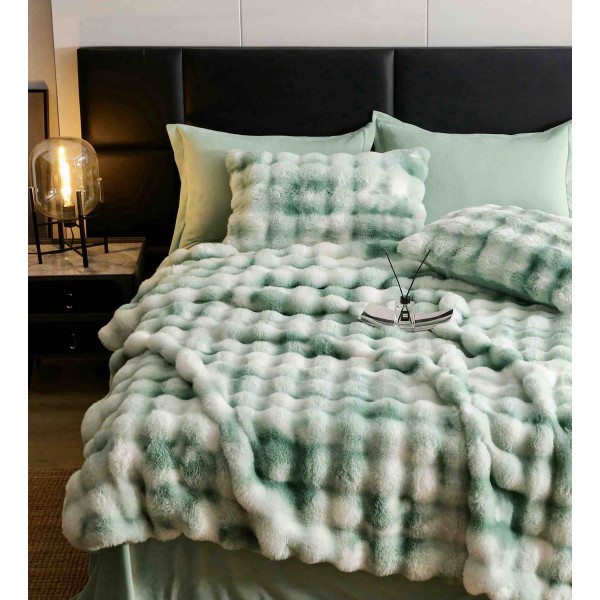 Lenjerie de pat, DeLuxe, cocolino tip blăniță iepure, 2 persoane, 6 piese, Verde-Alb, ombre, LCE-033