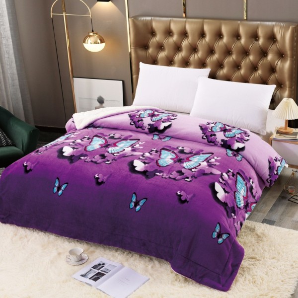 Pătură Cocolino cu blăniță 200x230 cm – moale, călduroasă și premium - Mov, model fluturi, PBC-038