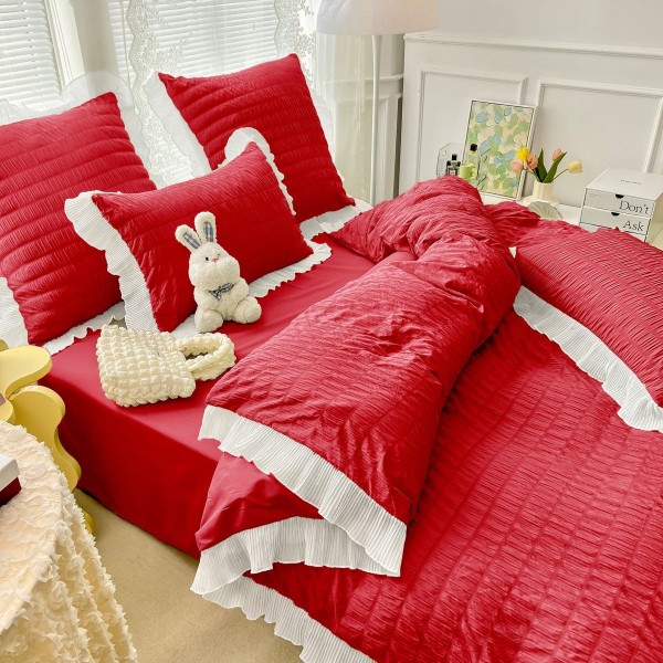 Lenjerie de Pat Creponata, Bumbac, 2 Persoane, 6 Piese, Rosu, LFC-001