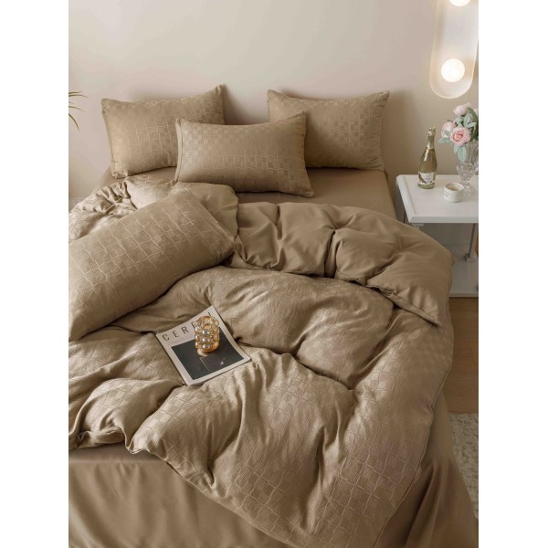 Set Lenjerie de Pat, Bumbac Tip Jacquard Finetat, 6 Piese, Bej, LDJ-051