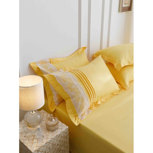 Lenjerie pat dublu finet 6 piese cu pliuri, inimioare și broderie-galben, LIB-017