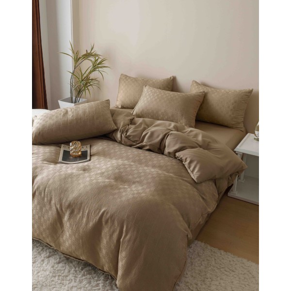 Set Lenjerie de Pat, Bumbac Tip Jacquard Finetat, 6 Piese, Bej, LDJ-051