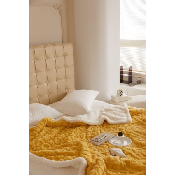 Patura Cocolino cu Blanita, Model Tricotat, Pat 2 Persoane, 200x230 cm, Galben, PCT-006