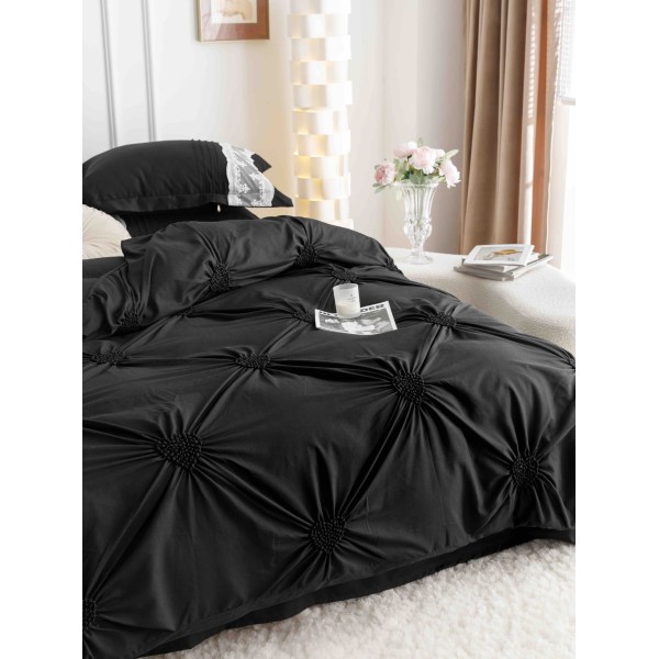 Lenjerie pat dublu finet 6 piese cu pliuri, inimioare și broderie-negru, LIB-018