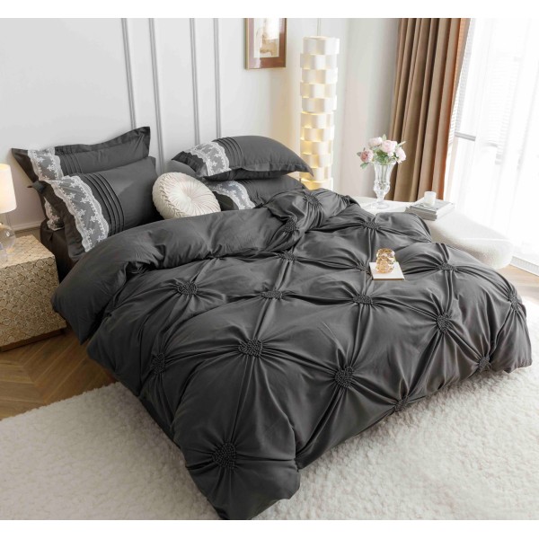 Lenjerie pat dublu finet 6 piese cu pliuri, inimioare și broderie-gri antracit, LIB-020