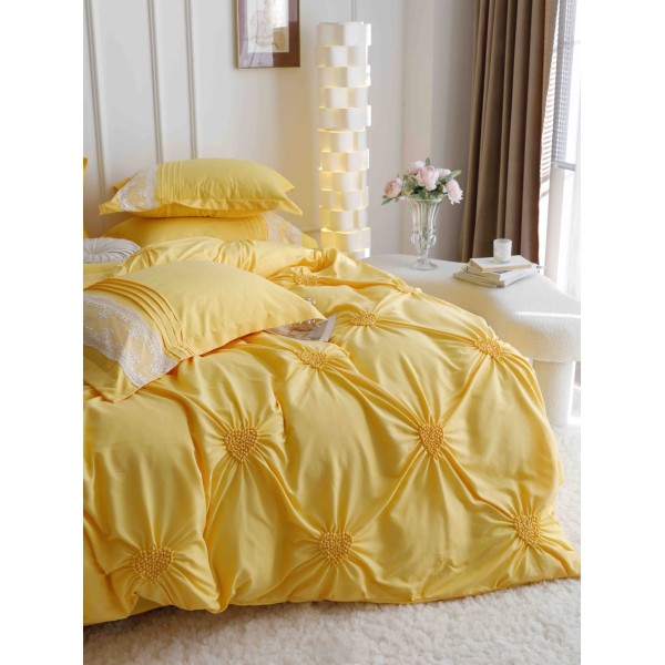 Lenjerie pat dublu finet 6 piese cu pliuri, inimioare și broderie-galben, LIB-017