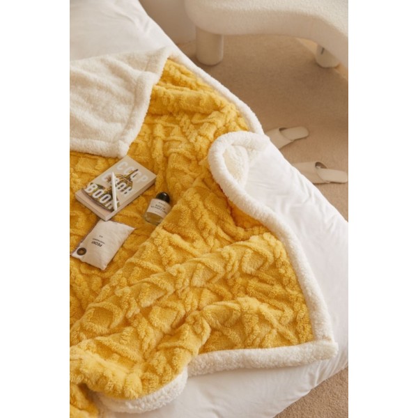 Patura Cocolino cu Blanita, Model Tricotat, Pat 2 Persoane, 200x230 cm, Galben, PCT-006