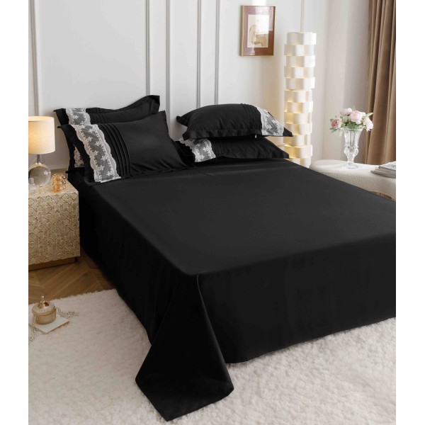 Lenjerie pat dublu finet 6 piese cu pliuri, inimioare și broderie-negru, LIB-018