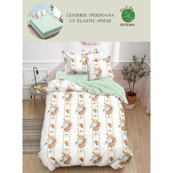 Lenjerie Finet, 4 Piese, Pat 1 persoana, cearsaf cu ELASTIC, Crem-Multicolor, flori, LOP-006