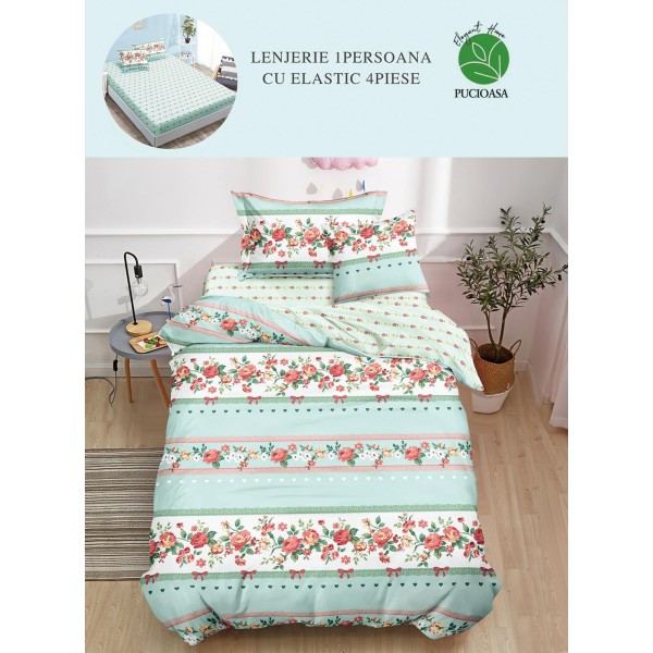 Lenjerie Finet, 4 Piese, Pat 1 persoana, cearsaf cu ELASTIC, Verde-Multicolor, flori, LOP-038