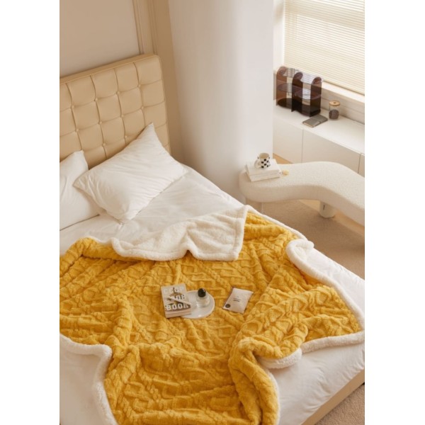 Patura Cocolino cu Blanita, Model Tricotat, Pat 2 Persoane, 200x230 cm, Galben, PCT-006