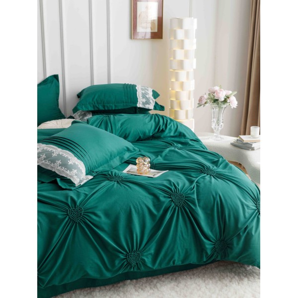 Lenjerie pat dublu finet 6 piese cu pliuri, inimioare și broderie-verde smarald, LIB-029