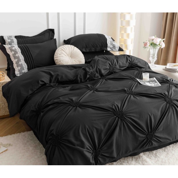 Lenjerie pat dublu finet 6 piese cu pliuri, inimioare și broderie-negru, LIB-018