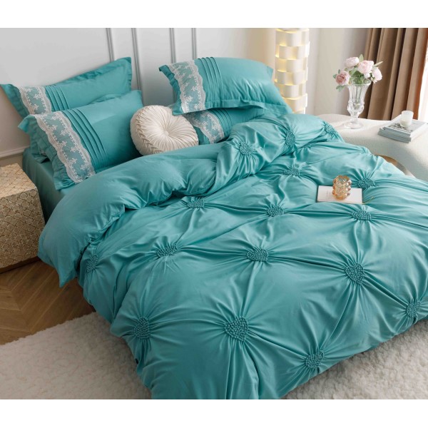 Lenjerie pat dublu finet 6 piese cu pliuri, inimioare și broderie-verde menta, LIB-023