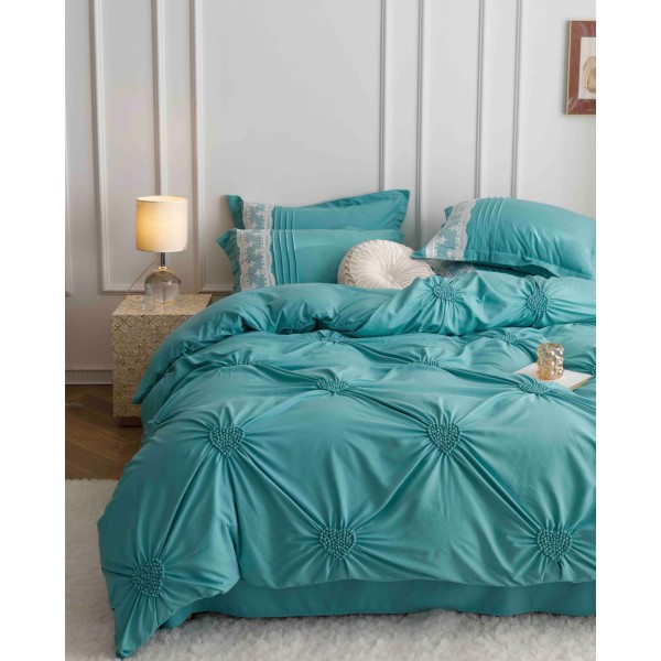 Lenjerie pat dublu finet 6 piese cu pliuri, inimioare și broderie-verde menta, LIB-023