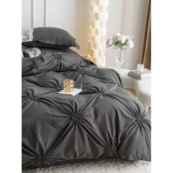 Lenjerie pat dublu finet 6 piese cu pliuri, inimioare și broderie-gri antracit, LIB-020