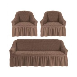 Huse Elastice si Creponate cu Volan, Canapea 3 Persoane + 2 Huse Fotolii, Bej-cacao, HCVF-004