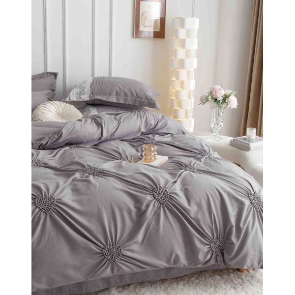 Lenjerie pat dublu finet 6 piese cu pliuri, inimioare și broderie-gri, LIB-022