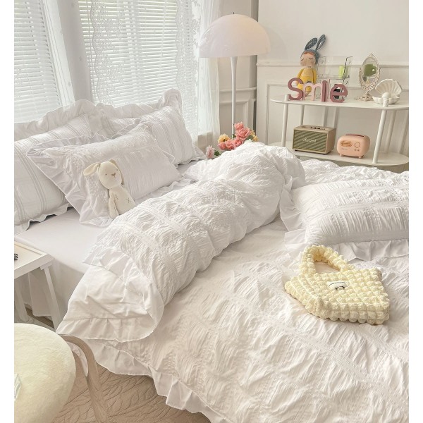 Lenjerie Bumbac Creponat, 6 Piese, Pat 2 Persoane, Alb, LFC-007