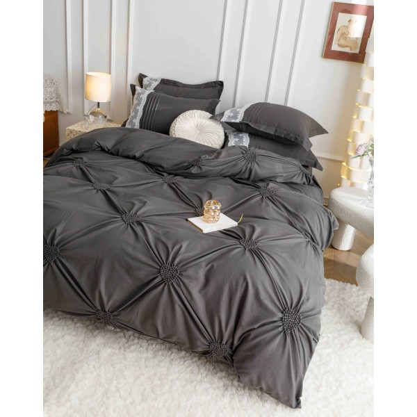 Lenjerie pat dublu finet 6 piese cu pliuri, inimioare și broderie-gri antracit, LIB-020