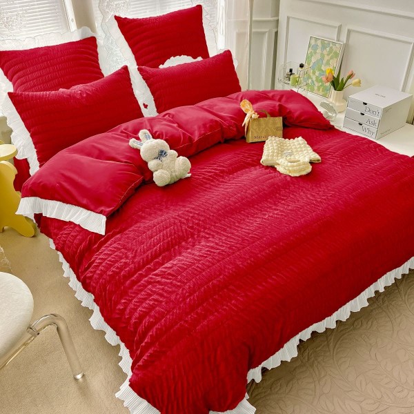 Lenjerie de Pat Creponata, Bumbac, 2 Persoane, 6 Piese, Rosu, LFC-001
