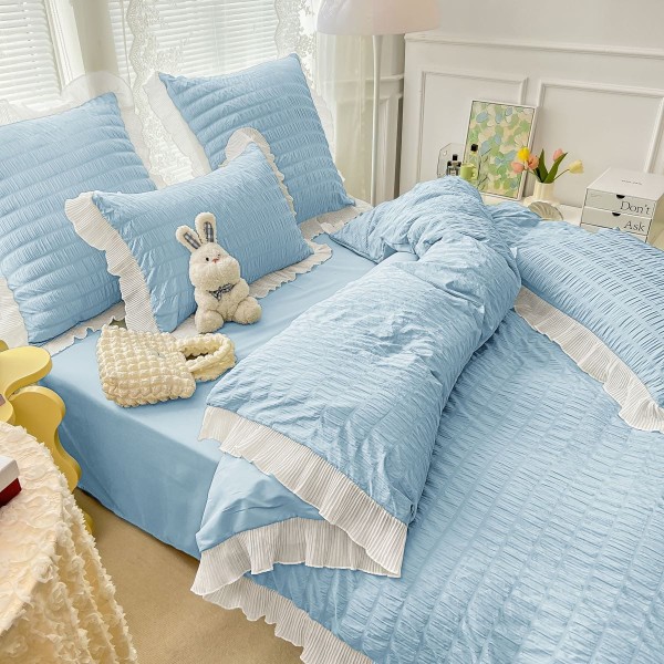 Lenjerie Bumbac Creponat, 6 Piese, Pat 2 Persoane, Blue, LFC-009