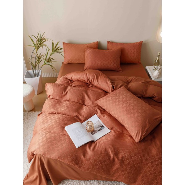 Set Lenjerie de Pat, Bumbac Tip Jacquard Finetat, 6 Piese, Caramiziu, LDJ-004