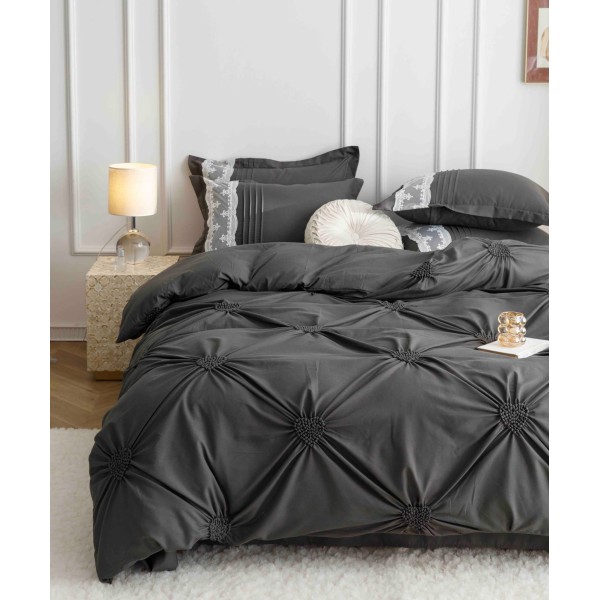 Lenjerie pat dublu finet 6 piese cu pliuri, inimioare și broderie-gri antracit, LIB-020