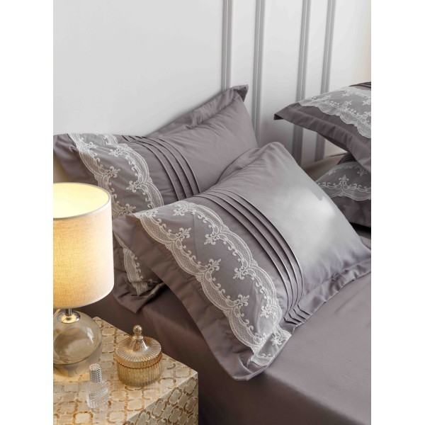 Lenjerie pat dublu finet 6 piese cu pliuri, inimioare și broderie-gri, LIB-022
