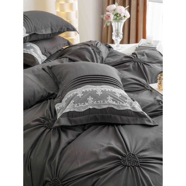 Lenjerie pat dublu finet 6 piese cu pliuri, inimioare și broderie-gri antracit, LIB-020