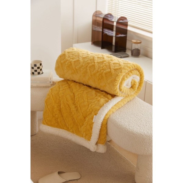 Patura Cocolino cu Blanita, Model Tricotat, Pat 2 Persoane, 200x230 cm, Galben, PCT-006