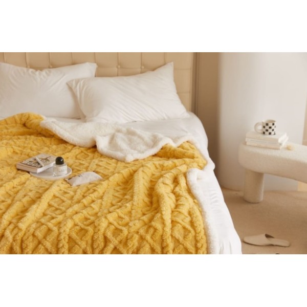 Patura Cocolino cu Blanita, Model Tricotat, Pat 2 Persoane, 200x230 cm, Galben, PCT-006