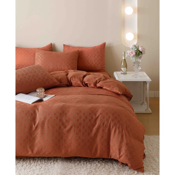 Set Lenjerie de Pat, Bumbac Tip Jacquard Finetat, 6 Piese, Caramiziu, LDJ-004