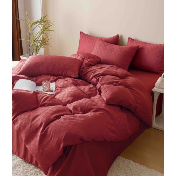 Set Lenjerie de Pat, Bumbac Tip Jacquard Finetat, 6 Piese, Rosu, LDJ-013