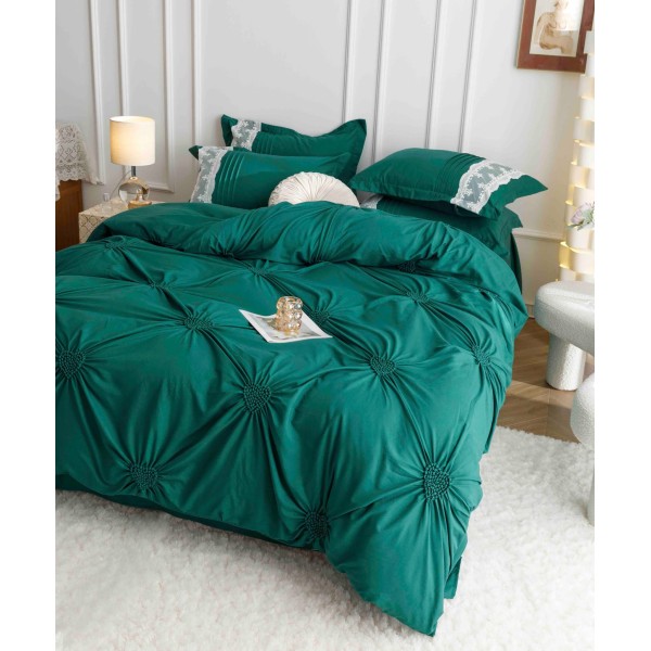 Lenjerie pat dublu finet 6 piese cu pliuri, inimioare și broderie-verde smarald, LIB-029