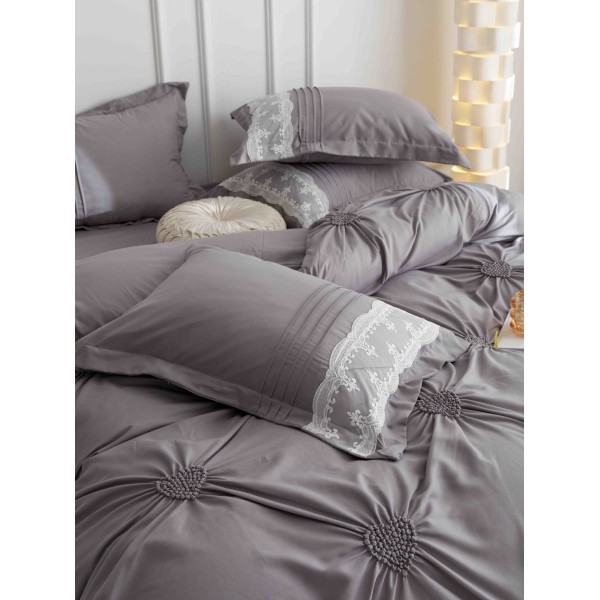 Lenjerie pat dublu finet 6 piese cu pliuri, inimioare și broderie-gri, LIB-022