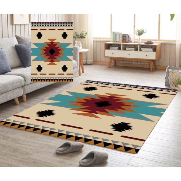 Covor Traditional Antiderapant, 80x150cm, Albastru-Crem-Portocaliu, CAM-027