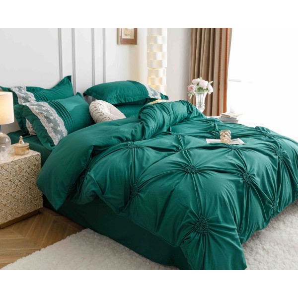 Lenjerie pat dublu finet 6 piese cu pliuri, inimioare și broderie-verde smarald, LIB-029