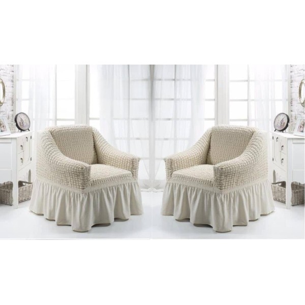 Set 2 huse elastice si creponate pentru fotolii, cu volanas, Alb unt,  HFC-016