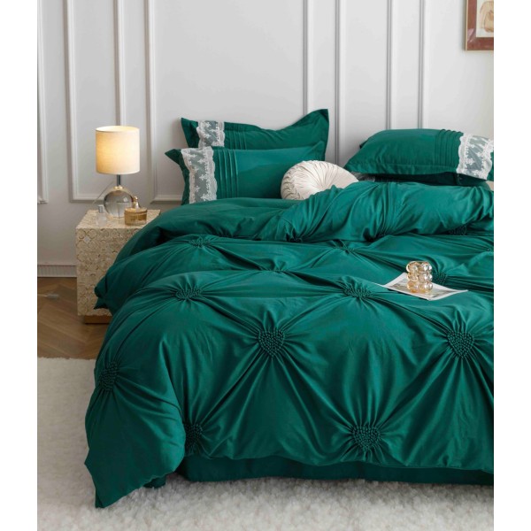 Lenjerie pat dublu finet 6 piese cu pliuri, inimioare și broderie-verde smarald, LIB-029