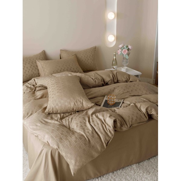 Set Lenjerie de Pat, Bumbac Tip Jacquard Finetat, 6 Piese, Bej, LDJ-051