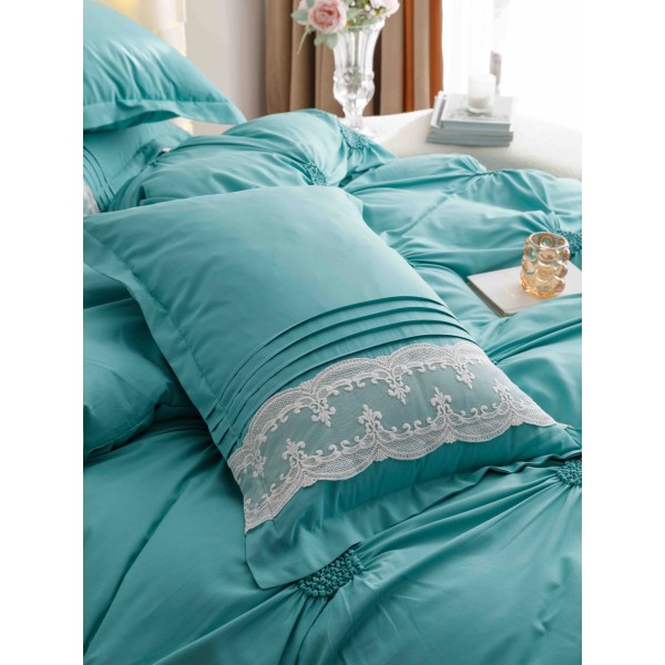 Lenjerie pat dublu finet 6 piese cu pliuri, inimioare și broderie-verde menta, LIB-023