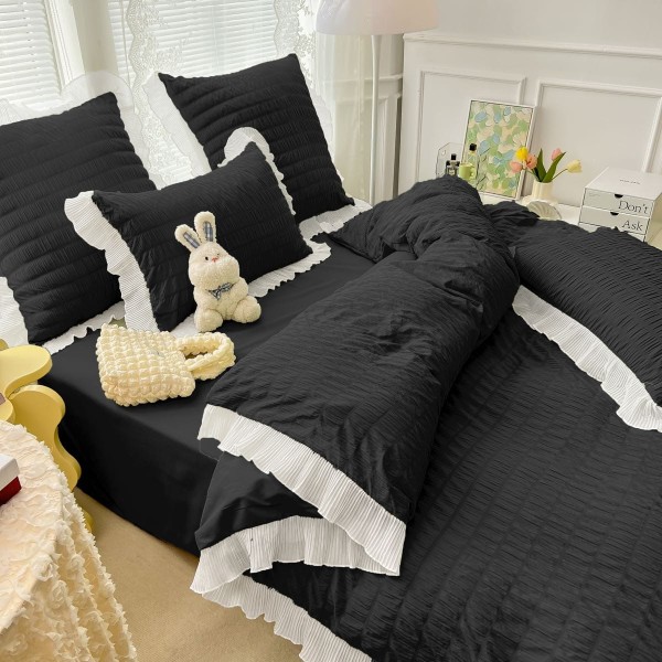 Lenjerie Bumbac Creponat, 6 Piese, Pat 2 Persoane, Negru, LFC-006